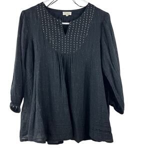World Market Black Sparkle Gauze Stitched V-Neck Boho Blouse Tunic S/M